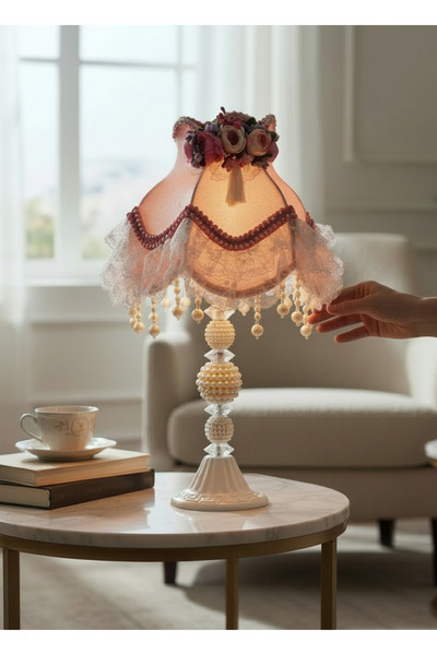 Dekovien Powder Pink Velvet Hydrangea Flower and Lace Decoration Vintage Lamp...