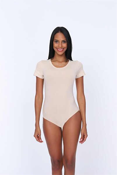 OBJE Women's Skin-Friendly Open Collar Half Sleeve Snap Fastener Bodysuit