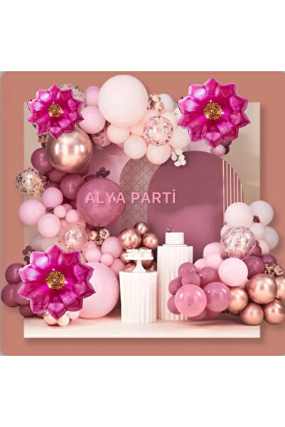 ALYA PARTİ Fuşya Çiçekli Bol Balonlu Doğum Günü Seti