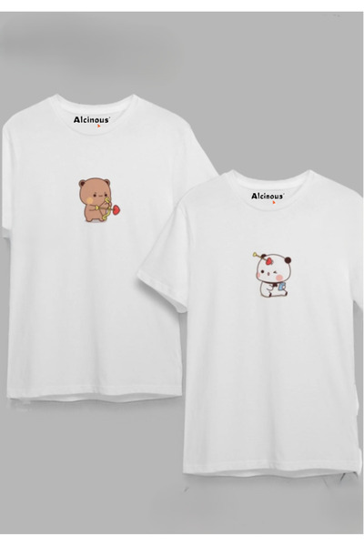 ALCİNOUS Unisex Short Sleeve Lover Teddy Bear Printed Couple Combination Over...