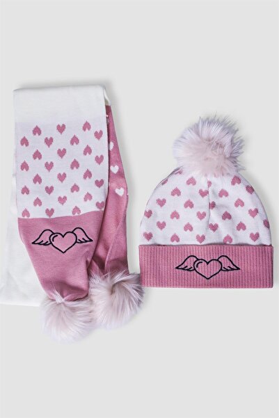 OBJE Girl's Pink Pompom Scarf Beret Set