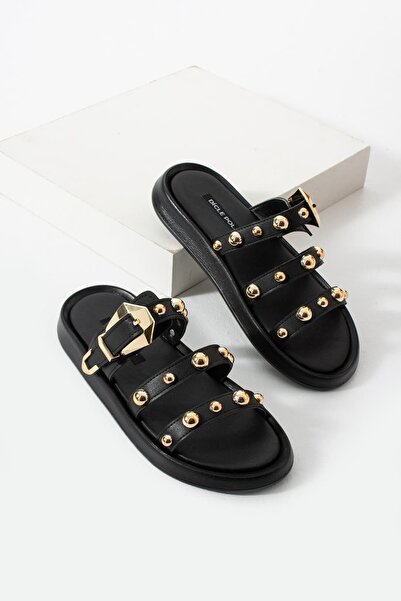 diclepolat Women's Gold Studded Slippers Soft Sole Strap Buckle Casual Slippe...