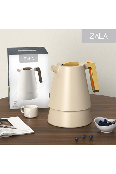 ZALA Modern Beige 1 Liter Thermos Flask with Golden Coated Handle – Glass Lin...