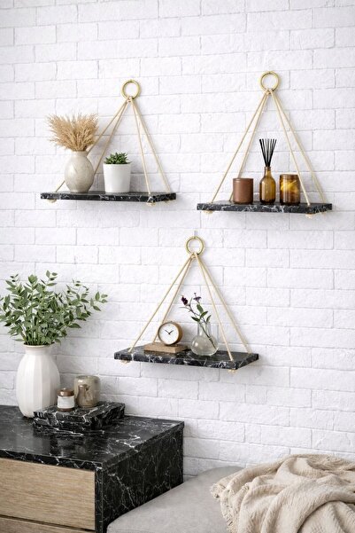 KORVEA Siyah Ayarlanabilir İpli Asma Duvar Rafı | Dekoratif Modern Raf 1 Adet...