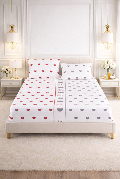 Almira Romantic Double Color Heart Patterned 180X200 cm Elastic Sheet Set – w...