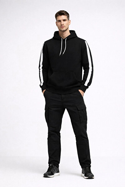 LUMİART Men's Striped Hooded Sweatshirt Oversized 3-Thread Cotton - Black