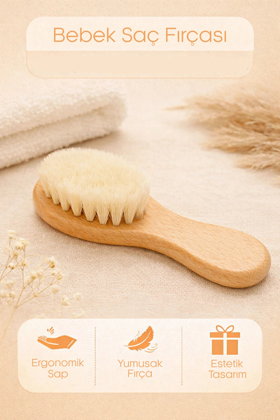 Tilbe Home Keçi Kılı Bebek Saç Fırçası ve Tarağı | Ergonomik Ahşap Tutma Sapl...