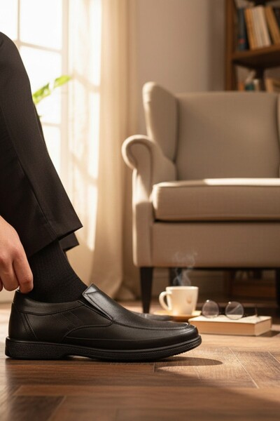 enoch Genuine Leather Black Orthopedic Men's Dad Shoes with Side Stripe Stitc...