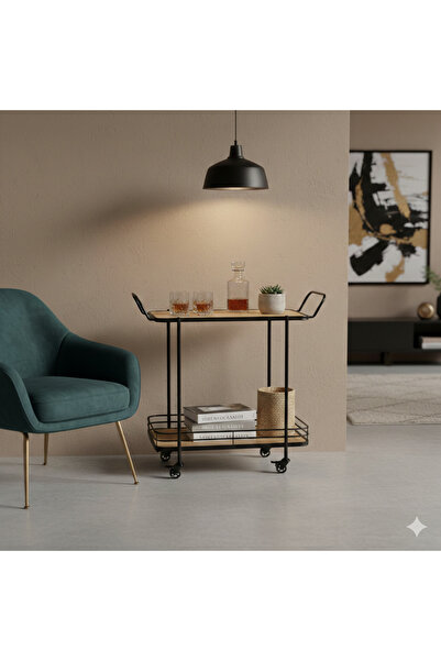 Generic Industrial Wood & Metal Serving Trolley – 2-Tier Hospitality Cart wit...