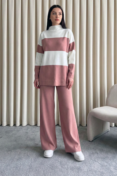 MODAQU Half-Throat Stripe Knitwear Set - Dried Rose