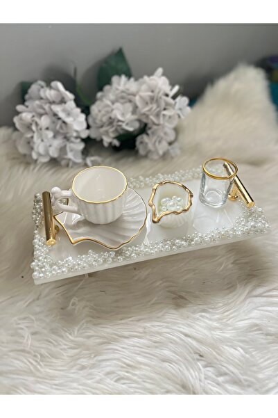 RESİNARTSHOP Epoksi Tepsi dikdörtgen full incili damat tepsi seti 4 parça