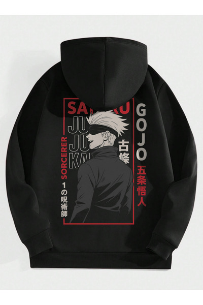 Marco Fresco Hanorac negru Gojo Satoru cu imprimeu pe spate, buzunar și căptu...
