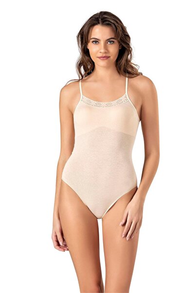 OBJE Kadın Ten Cotton İp Askılı Dantelli Çıtçıtlı Body