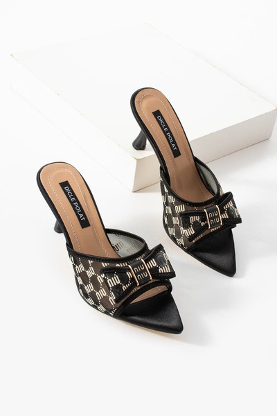 diclepolat Women's Black Mesh Bow Detailed Pointed Toe Heeled Slippers Lojo