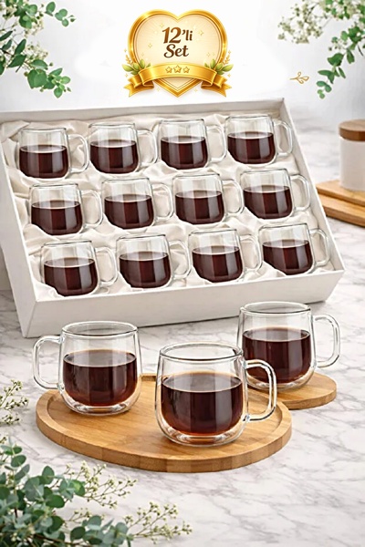 Tilbe Home 12'li Çift Cidarlı Bardak 350 ml Ev Ofis Çay Fincanı Kahve Sunum B...