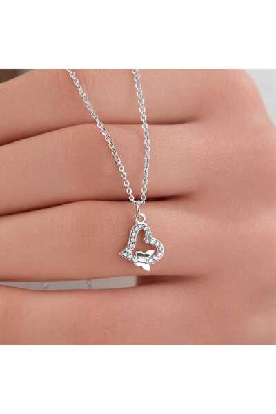 Ayzen Takı Kelebek Detaylı Minimal Kalp Kolye Antialerjik ve Kararmaz Gümüş K...