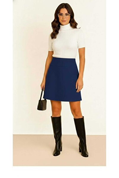 ZUM Diz Üstü Lacivert Selanik Kadın Kloş Etek Yüksek Bel Beli Lastikli Günlük...