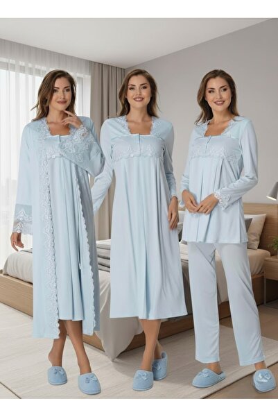 Lohusa Homewear Women's Blue Long Sleeve Elegant Design Lace Cotton Maternity...