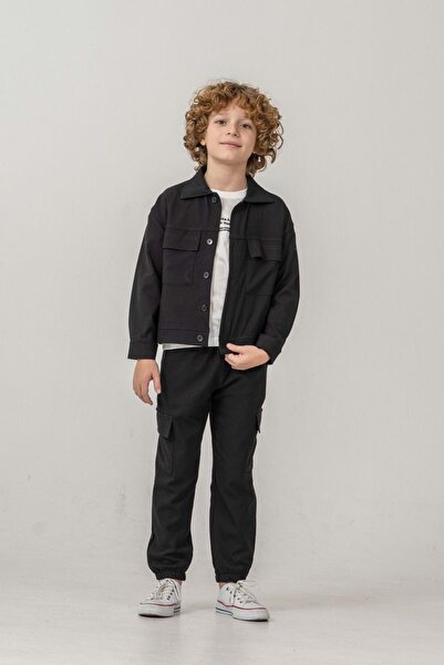 Lolliboomkids Costum țesut negru pentru băieți, cu buzunare cargo, sezon nou ...