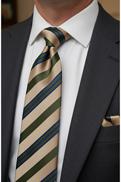 Gutiero Cream Khaki Patterned Classic Tie with Handkerchief