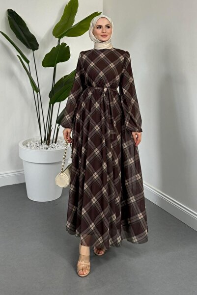 MERVEN AKYÜZ Cavina Ekose Tül Elbise Kahverengi