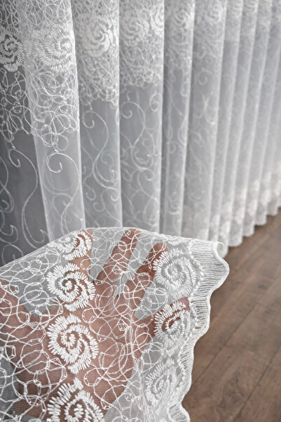 Görkem Perde GÜL DESENLİ BRODE TÜL PERDE 1/3 ŞIK PİLELİ TÜM ODALARA UYGUN