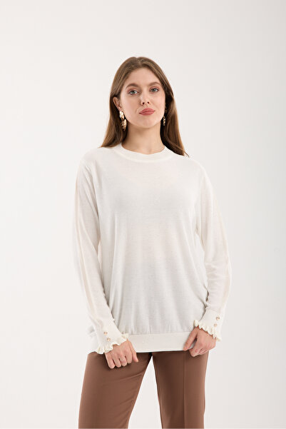 Moda Days Bluză de damă, albă, cu manșete cu nasturi, brodată cu paiete, din ...