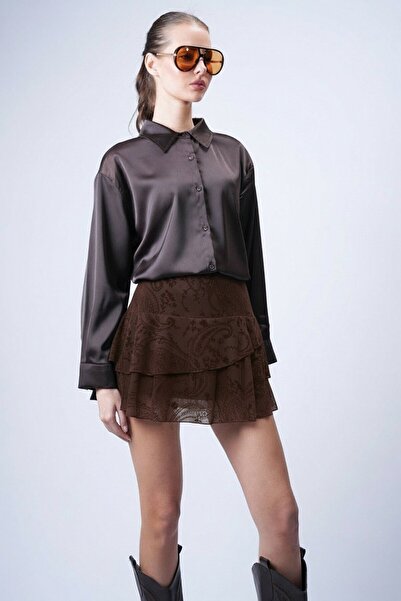 VAGGON Zipper Closure Lined Flocked Printed Tulle Mini Skirt