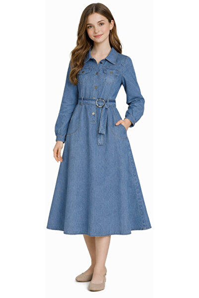 İrem Çocuk Giyim Girl's Blue Color Long Denim Dress with Belted Waist and Poc...