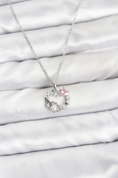 Skygo سلسلة فولاذية 316L فضية اللون مع تفاصيل حجر وردي - قلادة نسائية طراز تا...