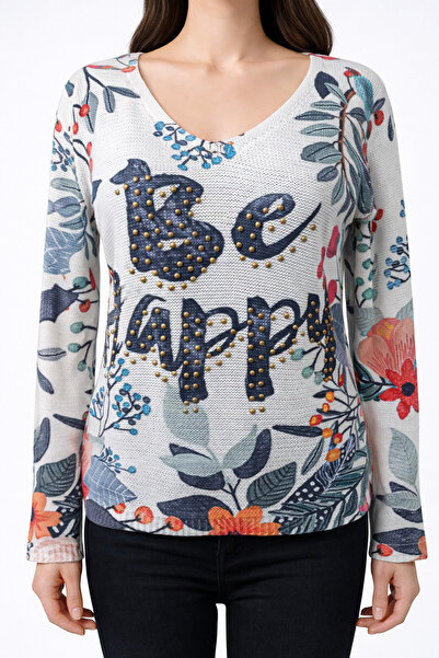 Neden Tekstil "Be Happy" Stone Embellished Floral Knitwear Blouse