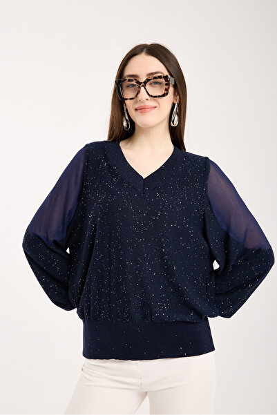 Moda Days Bluză de damă din tricotaj de viscoză, cu mâneci din tul, cu paiete...