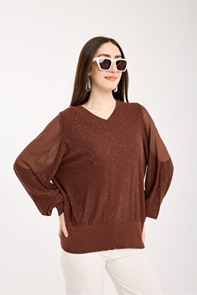Moda Days Bluză de damă din tricotaj de viscoză, cu mâneci maro, cu detalii d...