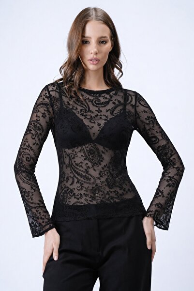 VAGGON Bicycle Flock Printed Tulle Detailed Blouse