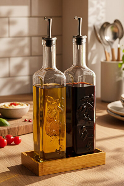 Snippy Lara - 2'li Bambu Standlı Cam Zeytinyağı Sıvıyağ Şişesi Yağdanlık Daml...