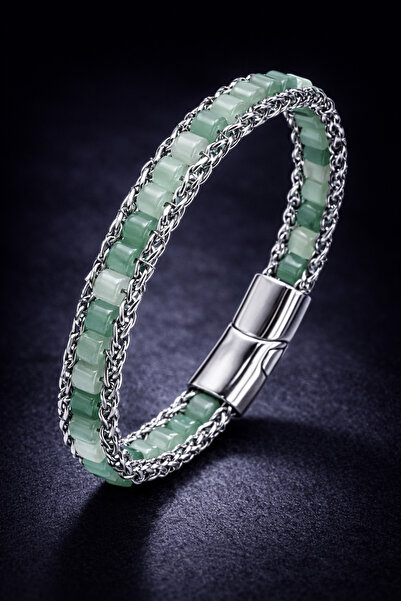 İyyaKee Erkek Çelik Bileklik Doğal Yeşil Aventurin Taşlı Jade Model Örgü Zinc...