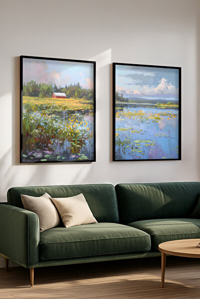 STARYUNA Black Wooden Framed Double Painting Set with Nature View Yuna520