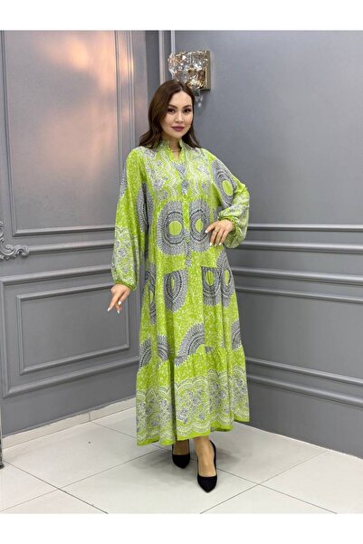 Cannes Adela Ethnic Patterned Button Detailed Bohemian Stylish Yellow Dress