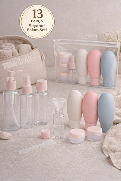 Tilbe Home 13 Parça Seyahat Bakım Seti Krem Şişeleri Dezenfektan Şişeleri Taş...