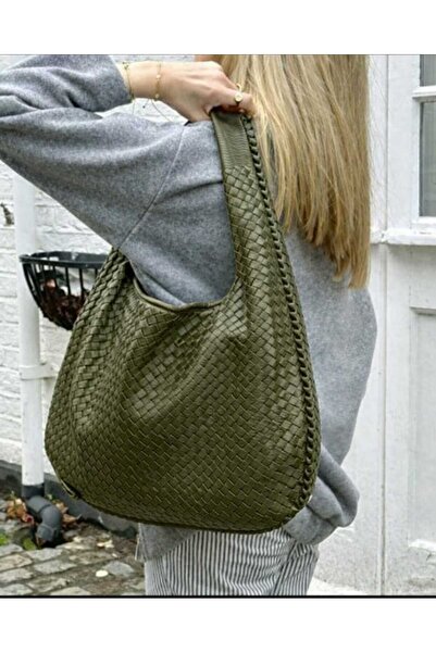 ÖZÜM TAKI Women's Large Size Knitted Patterned Shoulder Bag Khaki