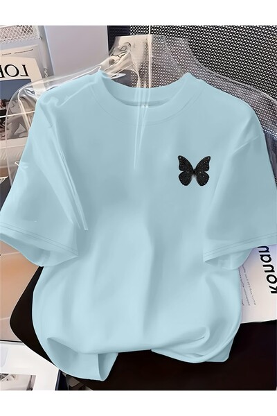 H&GHAMLEGİYİM تي شيرت بأكمام قصيرة، نمط فراشة سوداء على الصدر الأيسر، قميص كا...