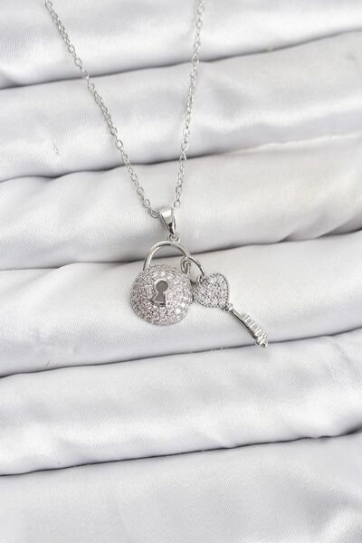 Skygo 316L Steel Chain Silver Color Lock Key Model Zircon Stone Women's Neckl...