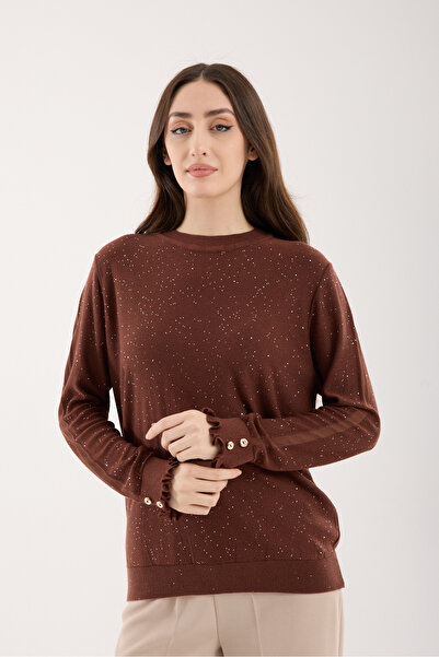 Moda Days Bluză de damă din tricotaj de viscoză, maro, cu nasturi și paiete b...