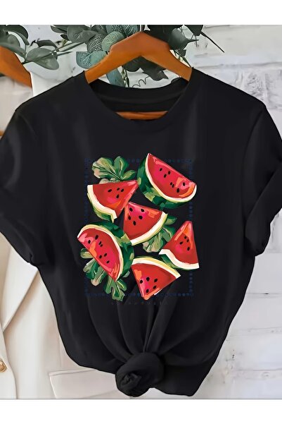 yombaa Tricou casual și confortabil cu imprimeu pepene verde și guler rotund,