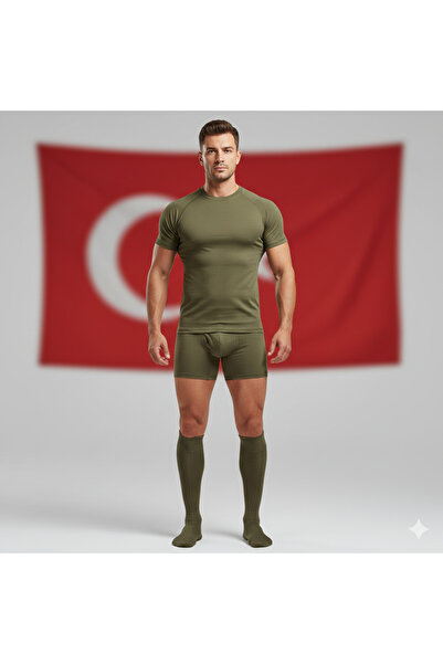 army Askeri İç Giyim Seti 15'li Paket - 5 Haki Tişört + 5 Boxer + 5 Çift Term...