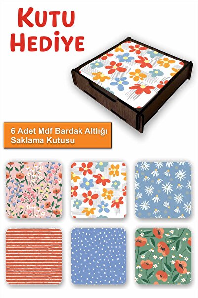 UNT Set of 6 Mdf Coasters with Storage Box – Floral Theme