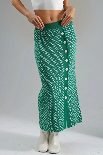 Hiccup My Fashion High Waist Geometric Pattern Knit Maxi Skirt with Button Cl...