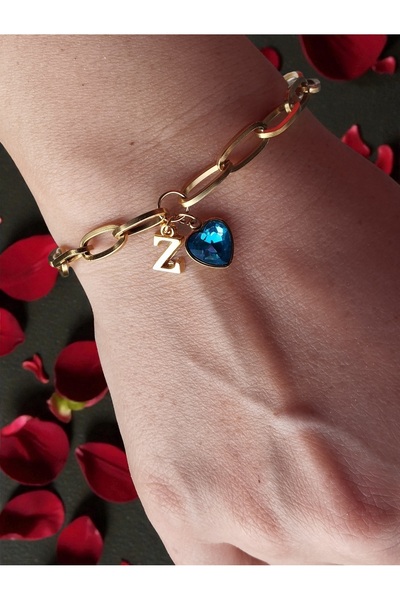 Amabel Jewelerys Valentine's Day Gift Blue Zircon Heart and Letter Charm Stee...