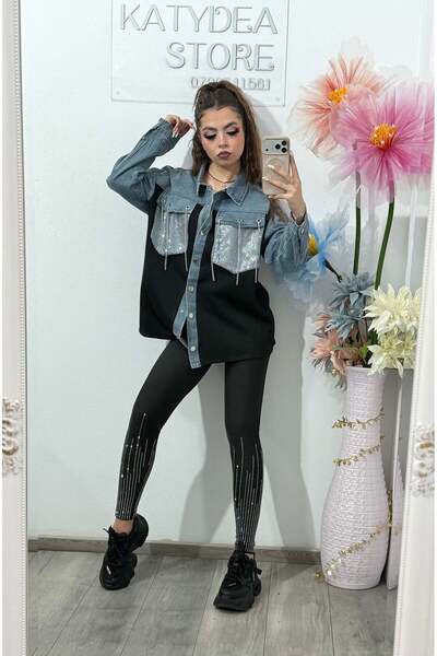KATYDEA STORE Denim and Crystal Insert Jacket Shirt