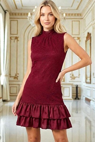 FashionForYou Short satin dress IVORIA, with lace and high collar, Red, Size S/M